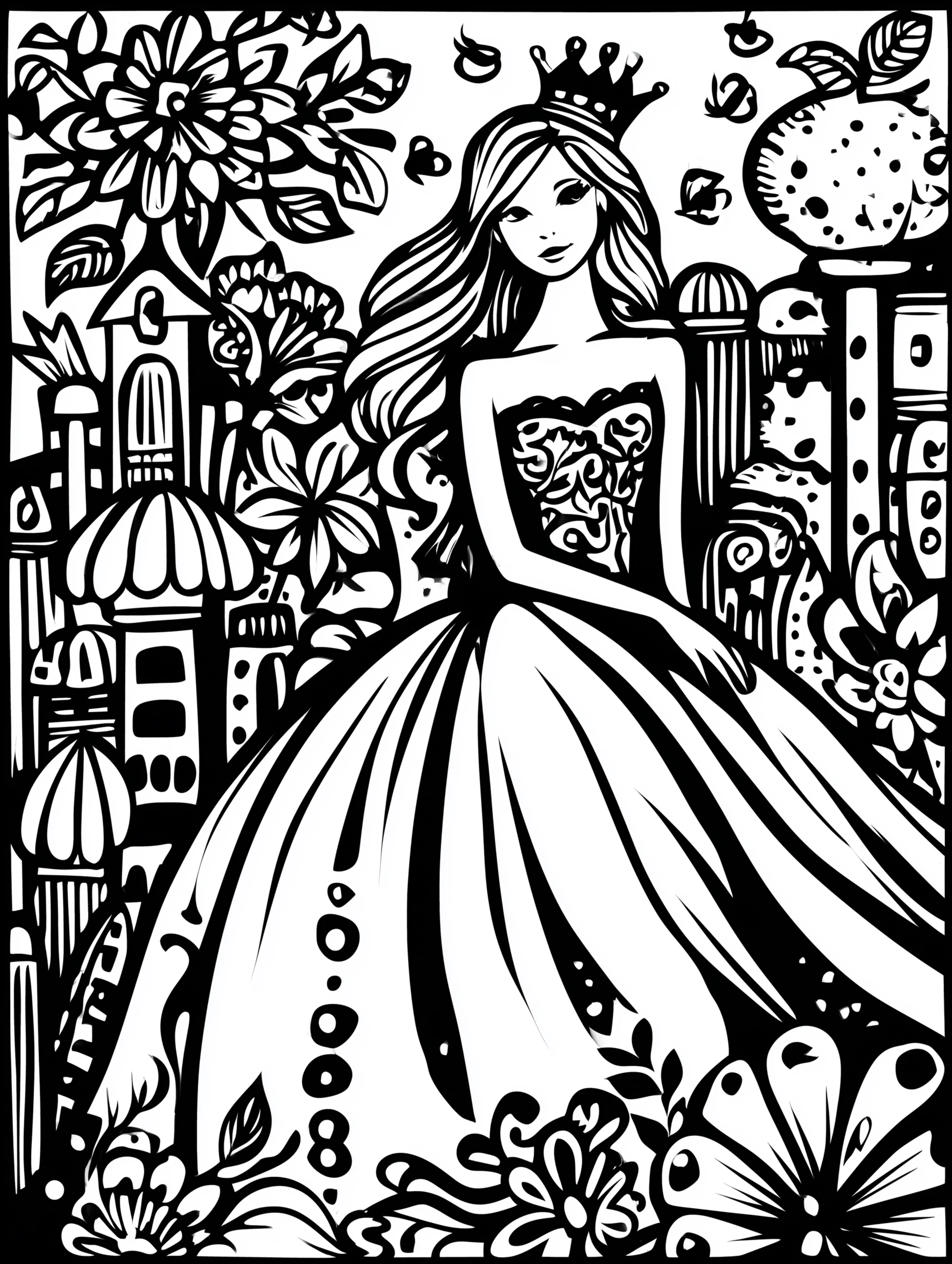 Free printable queen coloring page for adults featuring a standing queen wearing a long dress